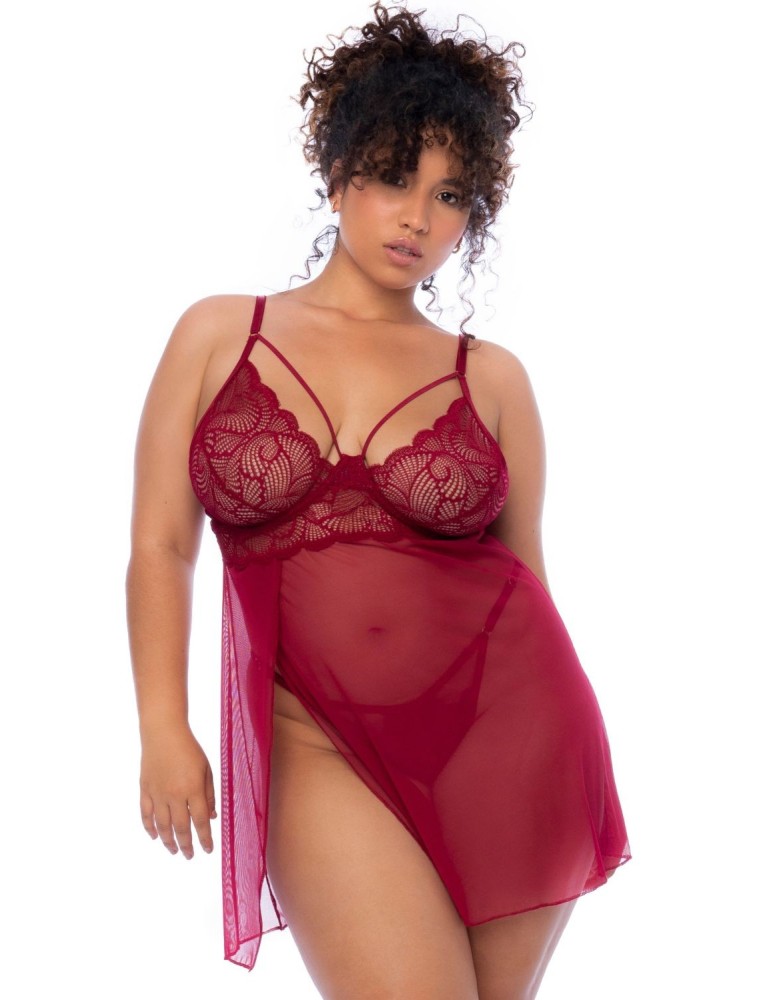 Nuisette grande taille couleur framboise et string - MAL7555XROSW Nuisette grande taille couleur framboise et string - MAL7555XROSW