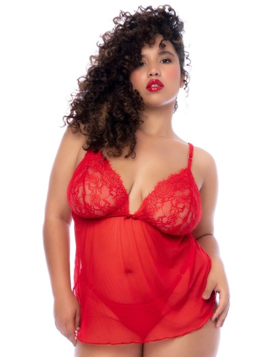 Nuisette courte grande taille rouge et string - MAL7562XRD Nuisette courte grande taille rouge et string - MAL7562XRD