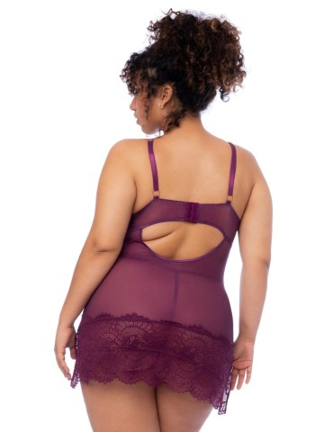 Nuisette en dentelle grande taille bordeaux et string assorti - MAL7554XWINE 2