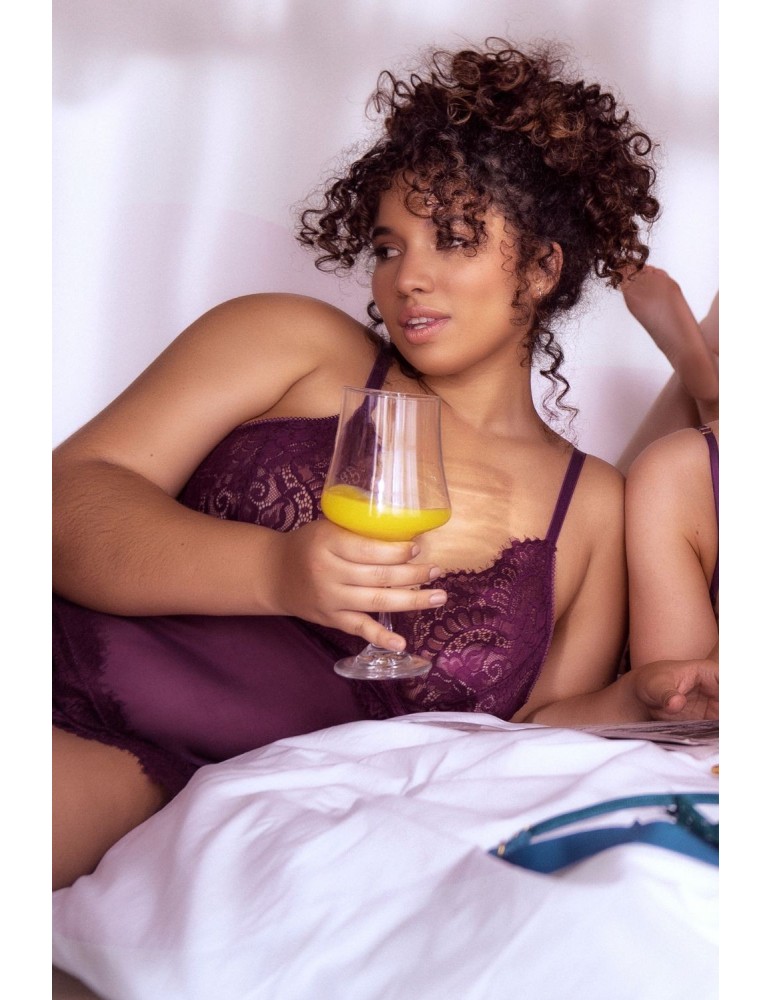 Nuisette en dentelle grande taille bordeaux et string assorti - MAL7554XWINE