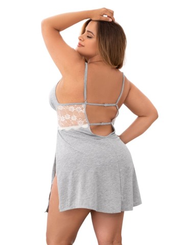 Nuisette en coton grise grande taille fendue sur les côtés et finition dentelle blanche - MAL7313XGREY 2