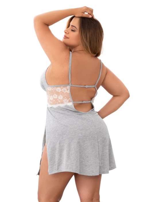 Nuisette en coton grise grande taille fendue sur les côtés et finition dentelle blanche - MAL7313XGREY