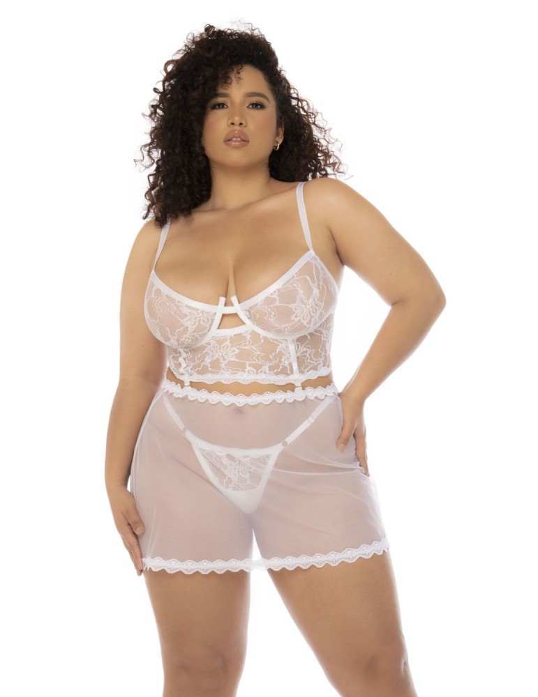 2 en 1 Nuisette et ensemble 2 pièces grande taille en dentelle et résille transparente - MAL7544XWHT 2 en 1 Nuisette et ensemble 2 pièces grande taille en dentelle et résille transparente - MAL7544XWHT