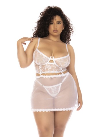 2 en 1 Nuisette et ensemble 2 pièces grande taille en dentelle et résille transparente - MAL7544XWHT 2