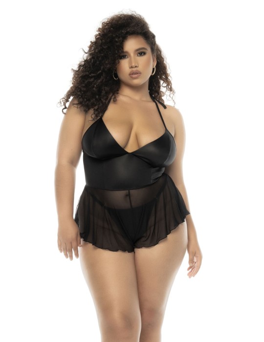 Body effet babydoll Pearl grande taille en wetlook noir et résille, bretelles réglables, zip fonctionnel au dos -... Body effet babydoll Pearl grande taille en wetlook noir et résille, bretelles réglables, zip fonctionnel au dos -...