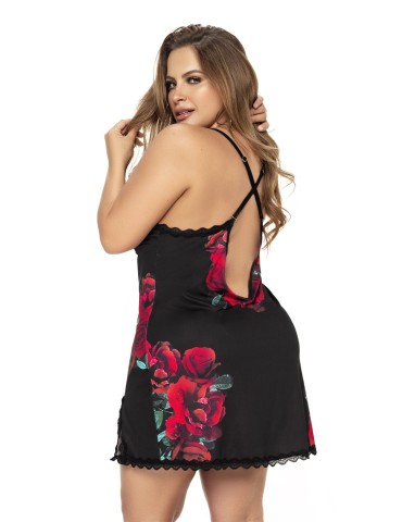 Nuisette noire grande taille motif fleuri et string assorti - MAL7438XBLF 2