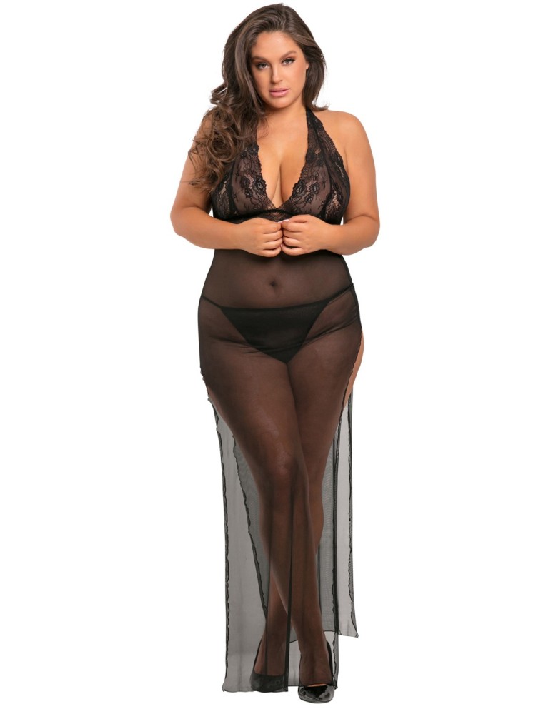 Nuisette longue grande taille fendue transparente - REN51004X-BLK Nuisette longue grande taille fendue transparente - REN51004X-BLK