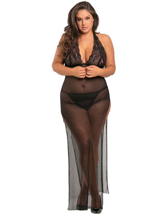 Nuisette longue grande taille fendue transparente - REN51004X-BLK Nuisette longue grande taille fendue transparente - REN51004X-BLK