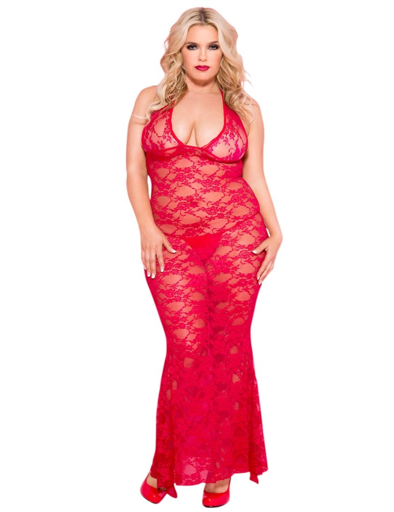 Nuisette grande taille longue rouge décolletée dentelle florale - ML53012XRED