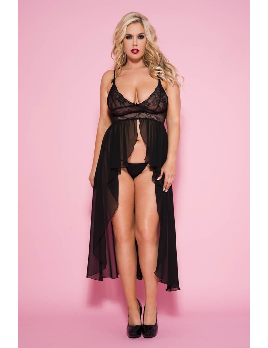 Nuisette longue noire transparente grande taille - ML53019XBLK Nuisette longue noire transparente grande taille - ML53019XBLK