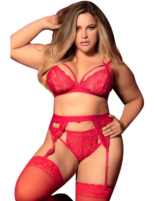Ensemble 3 pièces rouge grande taille  soutien-gorge string porte-jarretelles - MAL8221XRED Ensemble 3 pièces rouge grande taille  soutien-gorge string porte-jarretelles - MAL8221XRED