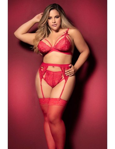 Ensemble 3 pièces rouge grande taille  soutien-gorge string porte-jarretelles - MAL8221XRED 2