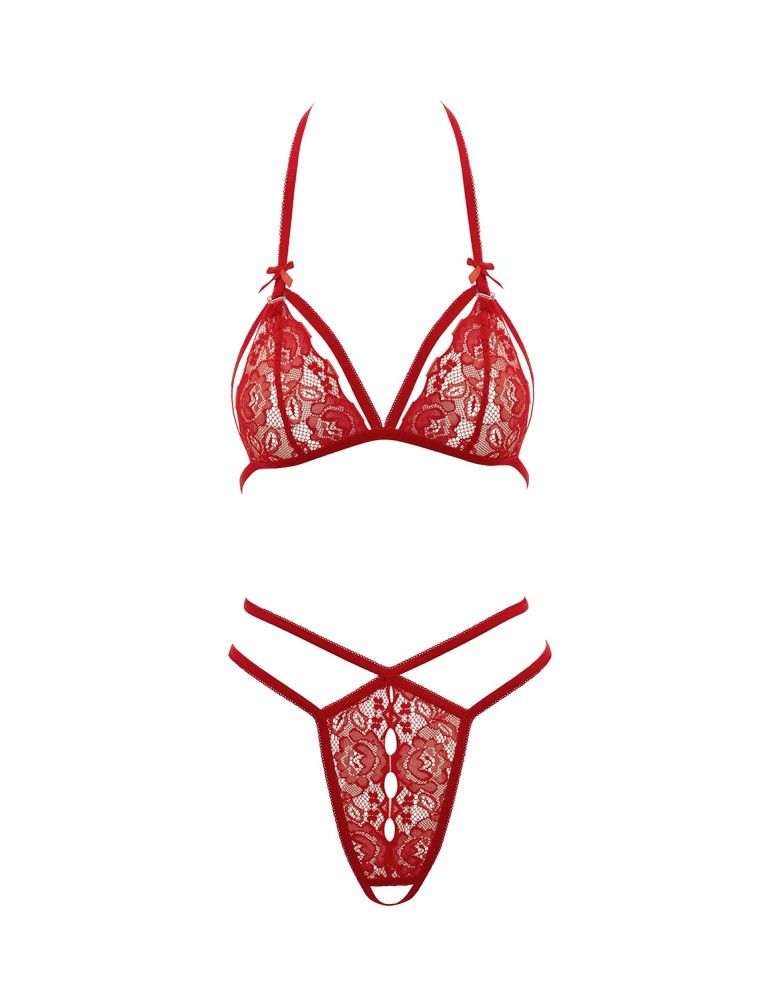 Soutien-gorge en dentelle rouge avec bonnets détachables et string - R221125430