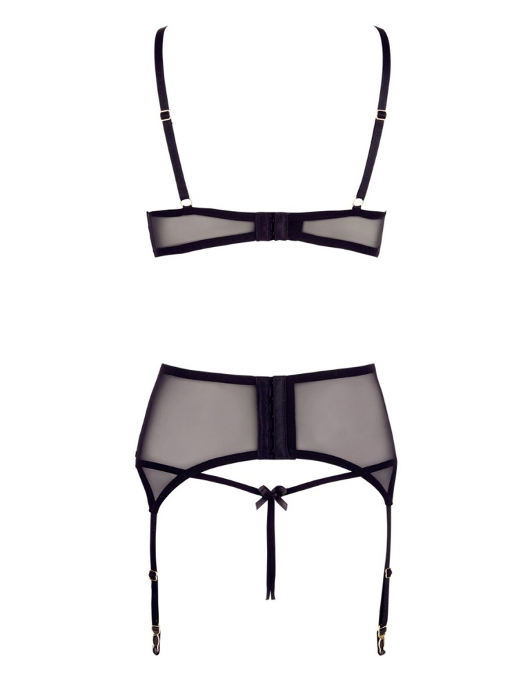 Soutien-gorge dentelle, porte-jarretelles et string ouvert noir - R2213052