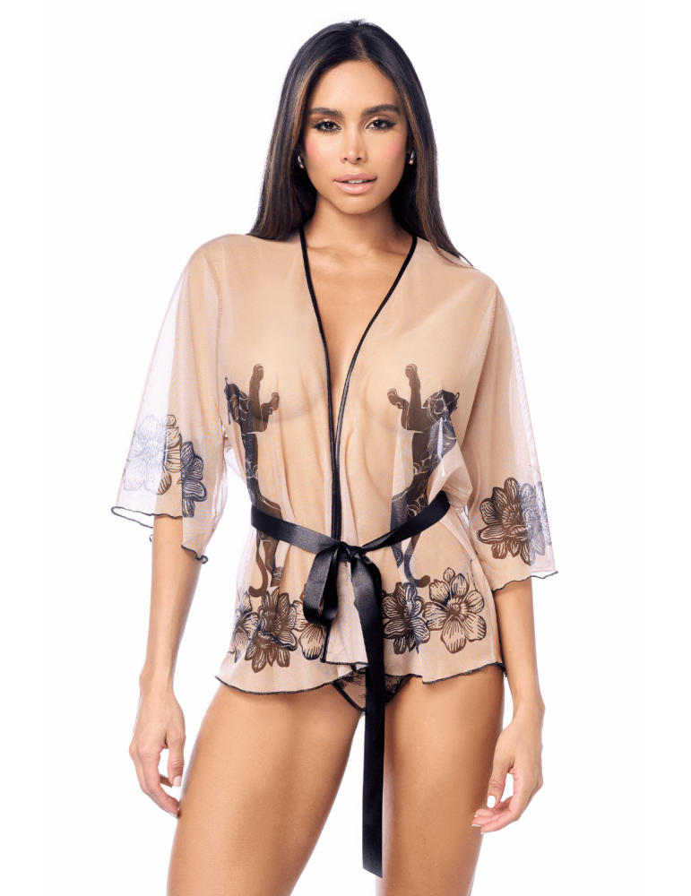Peignoir sexy en résille imprimée transparente avec string - MAL7615NUBK Peignoir sexy en résille imprimée transparente avec string - MAL7615NUBK