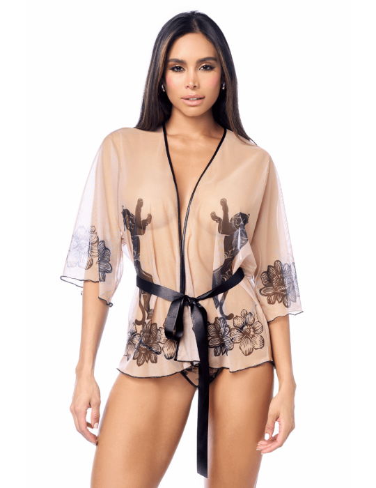 Peignoir sexy en résille imprimée transparente avec string - MAL7615NUBK Peignoir sexy en résille imprimée transparente avec string - MAL7615NUBK