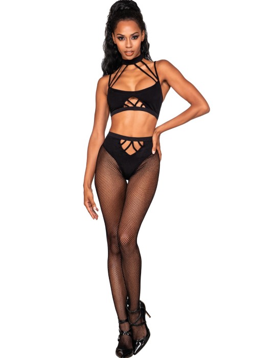 Ensemble de deux pièces avec brassière à lanières et collants.- DG0390BLK Ensemble de deux pièces avec brassière à lanières et collants.- DG0390BLK