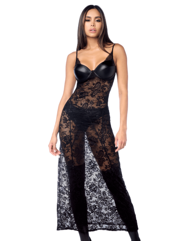 Robe longue sexy en dentelle  cuir avec string et porte-jarretelles - MAL7616BLK