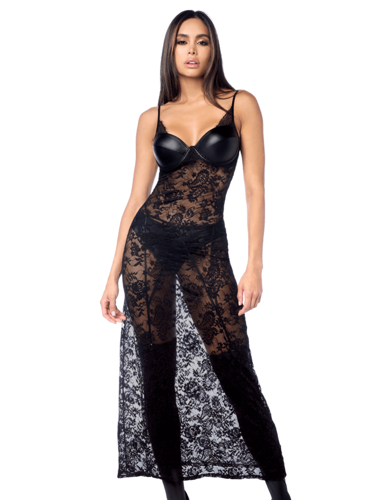 Robe longue sexy en dentelle  cuir avec string et porte-jarretelles - MAL7616BLK Robe longue sexy en dentelle  cuir avec string et porte-jarretelles - MAL7616BLK