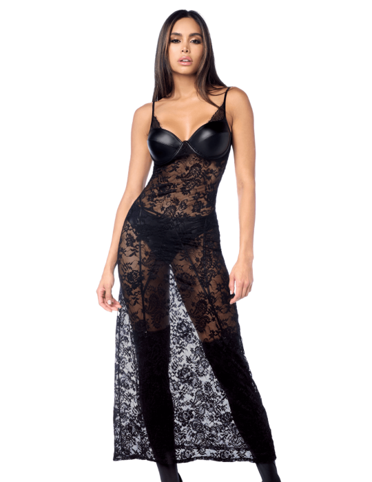 Robe longue sexy en dentelle  cuir avec string et porte-jarretelles - MAL7616BLK Robe longue sexy en dentelle  cuir avec string et porte-jarretelles - MAL7616BLK
