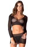 Ensemble noir top court manches longues et mini-jupe ajourés - REN7013-BLK