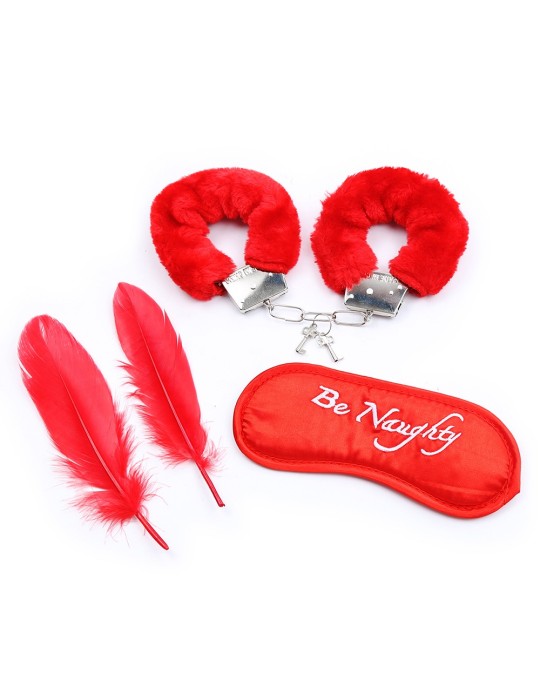 Kit coquin 4 pièces : Menottes, 2 plumes et masque rouge - 332400005 Kit coquin 4 pièces : Menottes, 2 plumes et masque rouge - 332400005