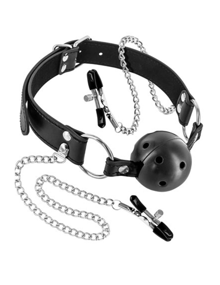 Baillon boule à trous avec pinces à seins - CC5700650010 Baillon boule à trous avec pinces à seins - CC5700650010