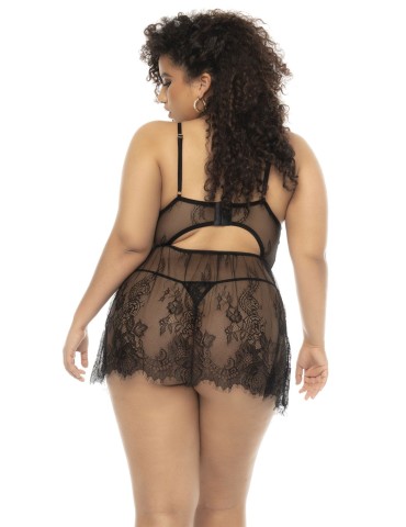 Nuisette noir Selma grande taille, en dentelle, avec armatures et string assorti inclus - MAL7550XBLK 2