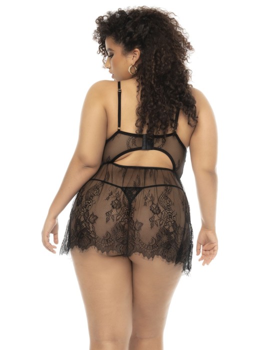 Nuisette noir Selma grande taille, en dentelle, avec armatures et string assorti inclus - MAL7550XBLK