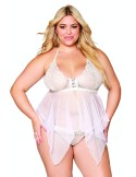 Babydoll et string grande taille en résille et dentelle blanche - DG13314WHT