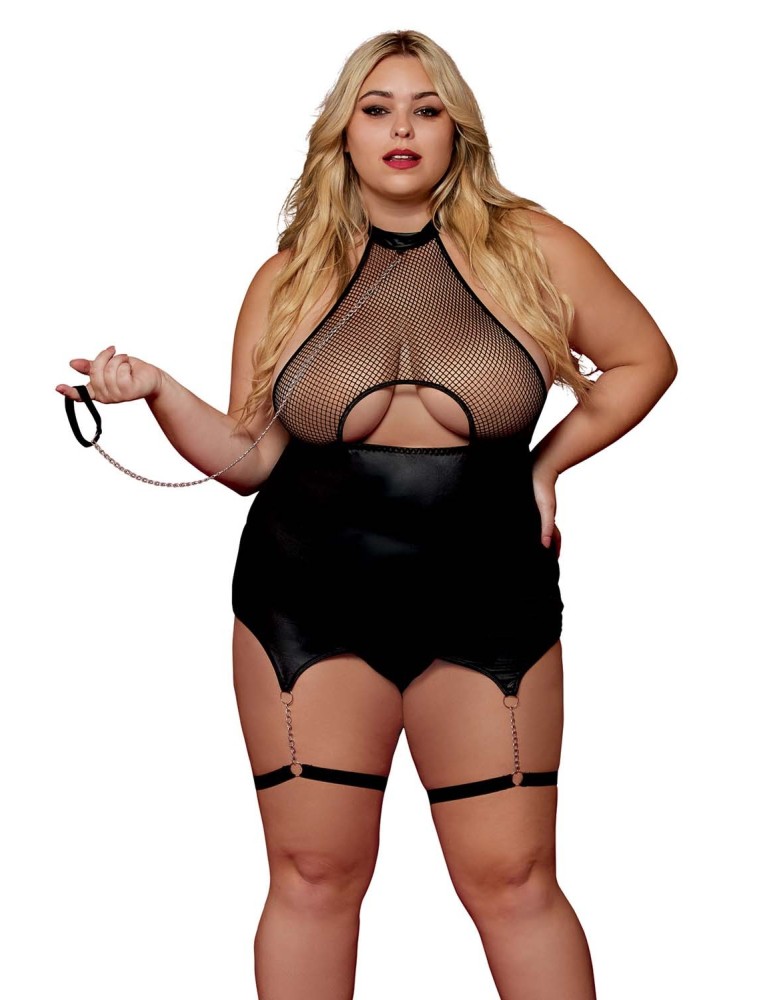 Body BDSM noir, grande taille, en maille avec corset / porte-jarretelles, simili cuir, intégré - DG13295XBLK Body BDSM noir, grande taille, en maille avec corset / porte-jarretelles, simili cuir, intégré - DG13295XBLK