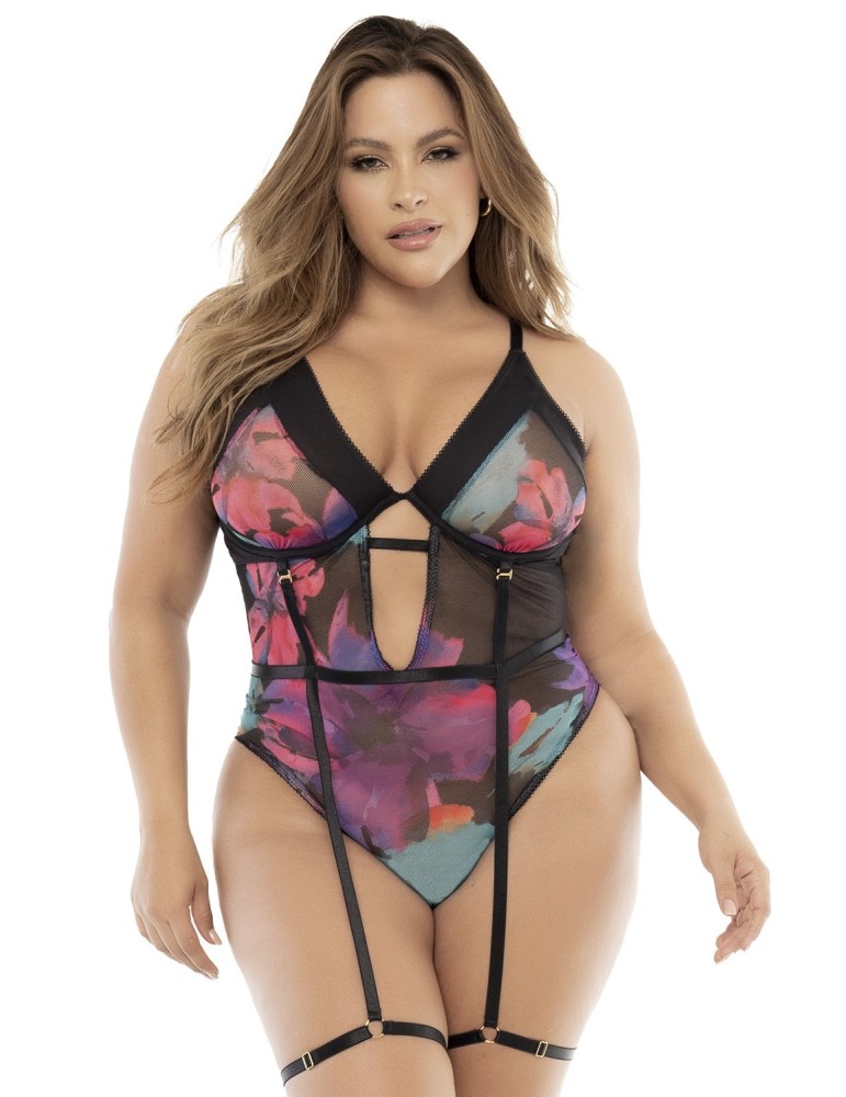 Body noir, grande taille, imprimé fleurs exotiques - MAL8774XPRT Body noir, grande taille, imprimé fleurs exotiques - MAL8774XPRT