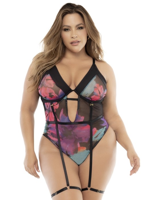 Body noir, grande taille, imprimé fleurs exotiques - MAL8774XPRT Body noir, grande taille, imprimé fleurs exotiques - MAL8774XPRT