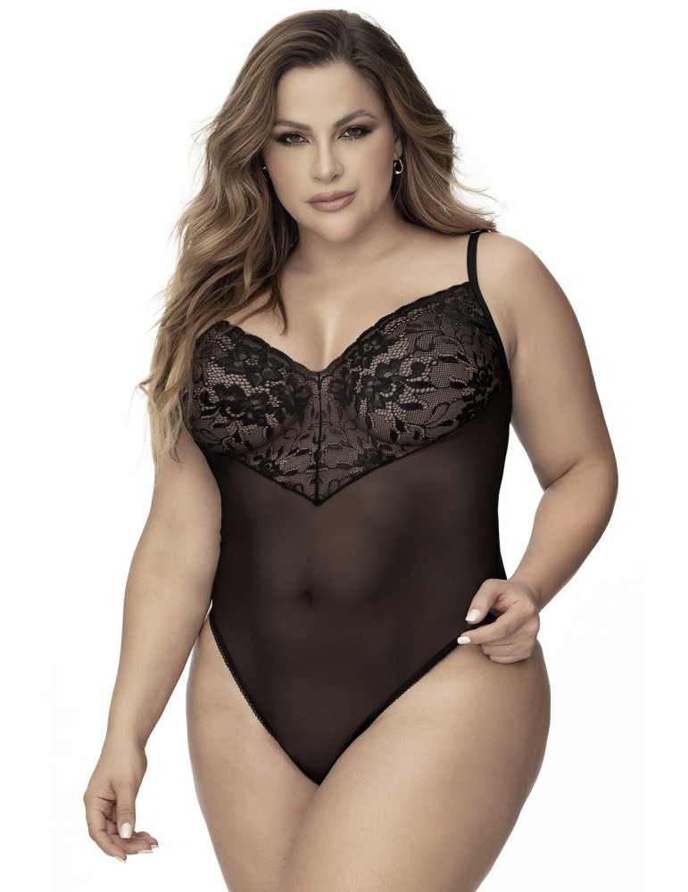 Body, grande taille, noir en dentelle et résille noire - MAL8795XBLK Body, grande taille, noir en dentelle et résille noire - MAL8795XBLK