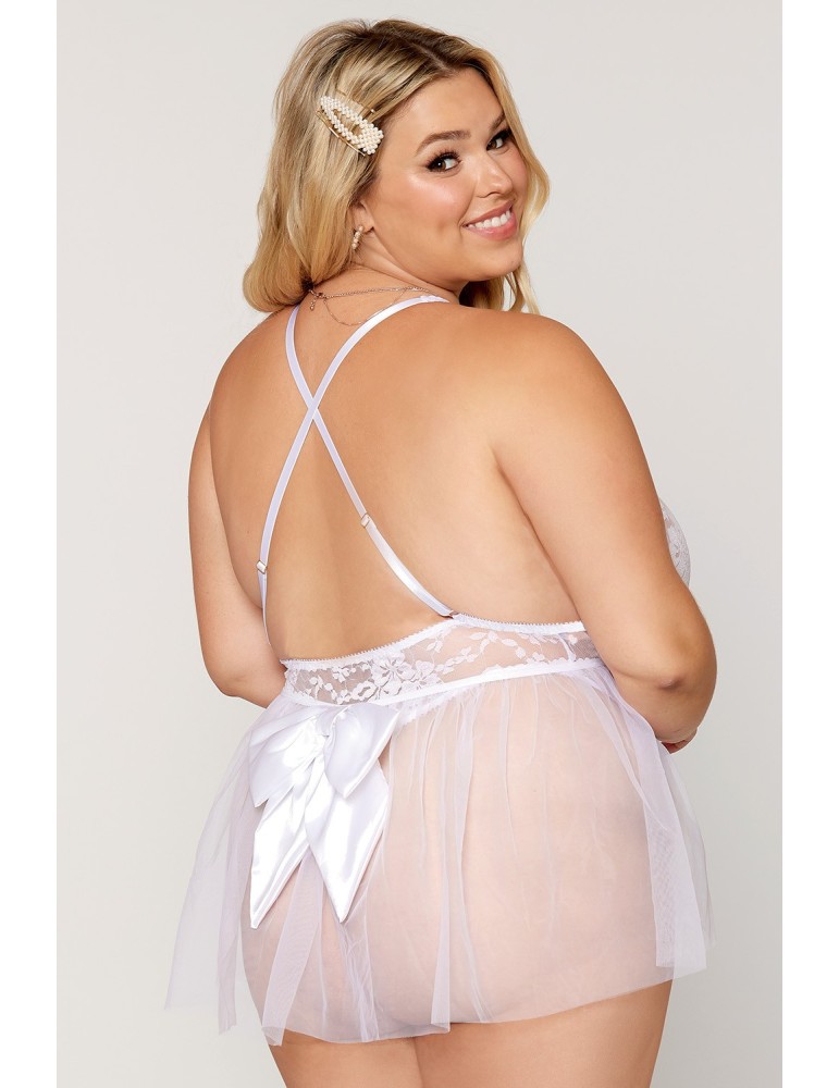 Body grande taille dentelle blanc avec tulle amovible - DG12918XWHT