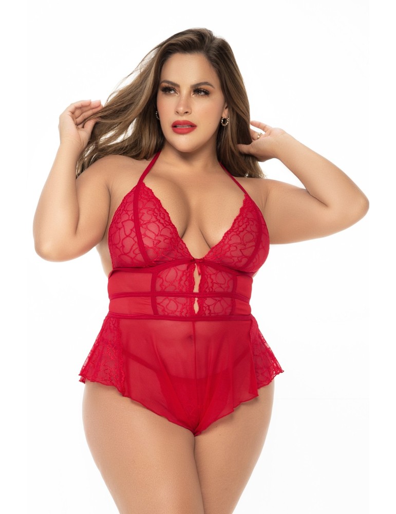 Body rouge grande taille effet babydoll et string assorti - MAL7445XRED Body rouge grande taille effet babydoll et string assorti - MAL7445XRED