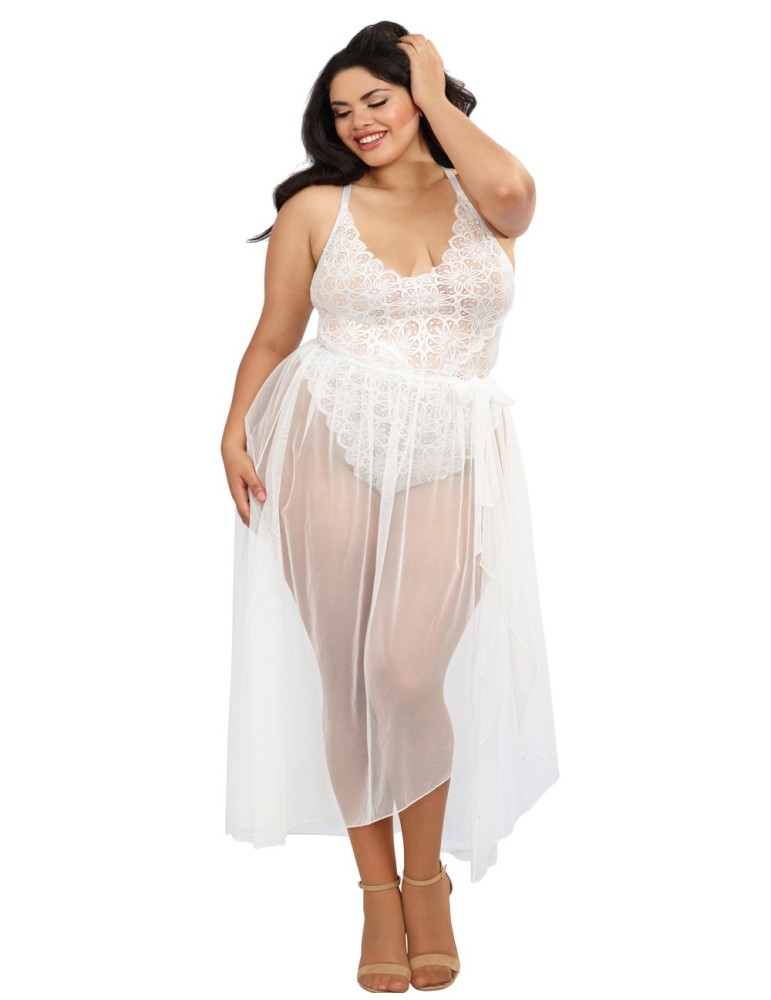 Body string grande taille blanc échancré dentelle avec jupe de maille transparente amovible - DG10996XWHT Body string grande taille blanc échancré dentelle avec jupe de maille transparente amovible - DG10996XWHT
