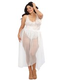 Body string grande taille blanc échancré dentelle avec jupe de maille transparente amovible - DG10996XWHT
