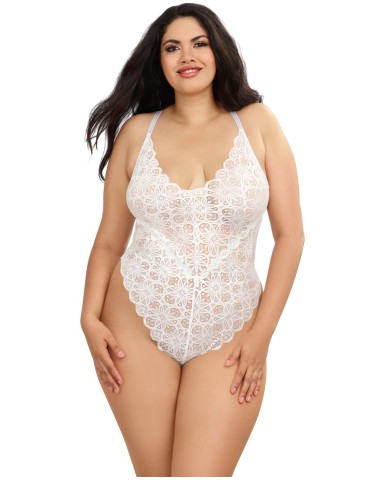 Body string grande taille blanc échancré dentelle avec jupe de maille transparente amovible - DG10996XWHT 2