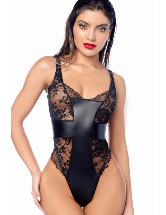 Body sexy noir dentelle  similicuir - MAL2805BLK