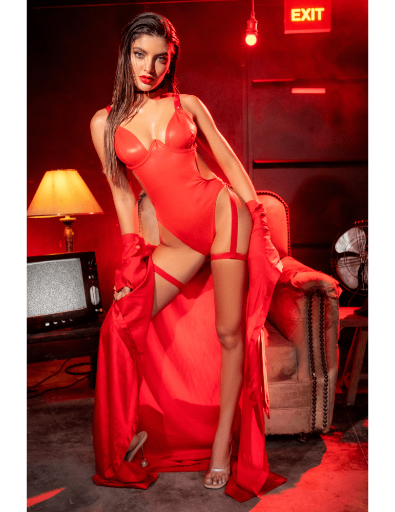 Body sexy en similicuir avec porte-jarretelles - MAL2810RED