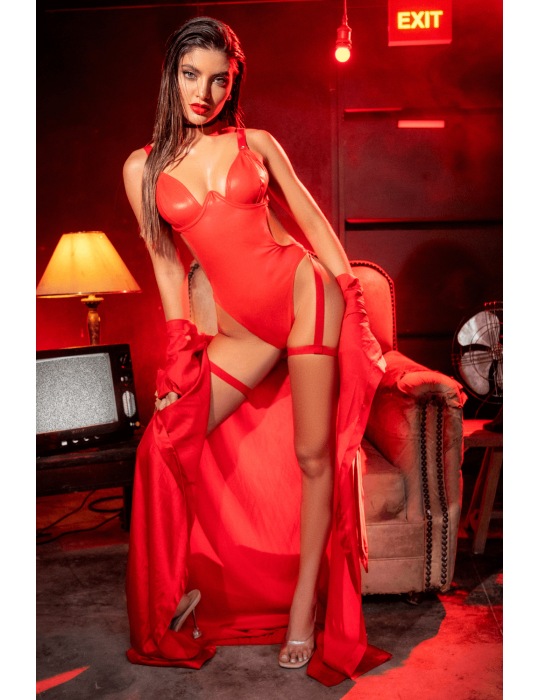 Body sexy en similicuir avec porte-jarretelles - MAL2810RED