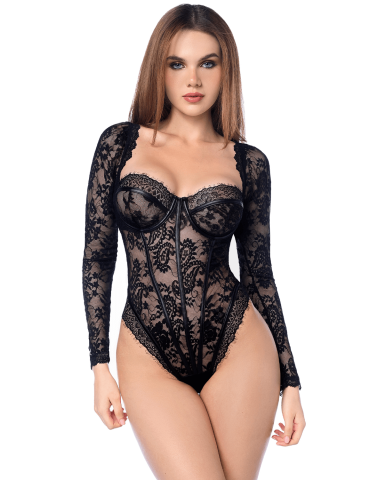Body sexy manches longues en dentelle gothique et détails effet cuir - MAL8957BLK