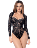 Body sexy manches longues en dentelle gothique et détails effet cuir - MAL8957BLK