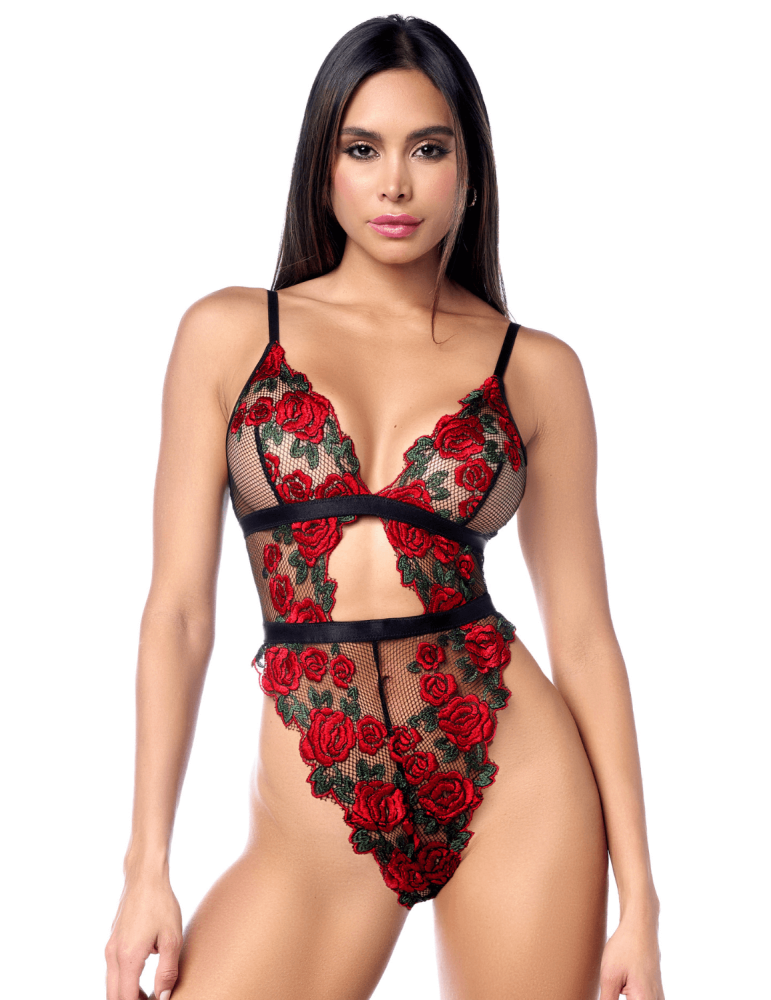 Teddy taille haute en résille noire brodée de roses avec ceinture - MAL8961BKRD Teddy taille haute en résille noire brodée de roses avec ceinture - MAL8961BKRD