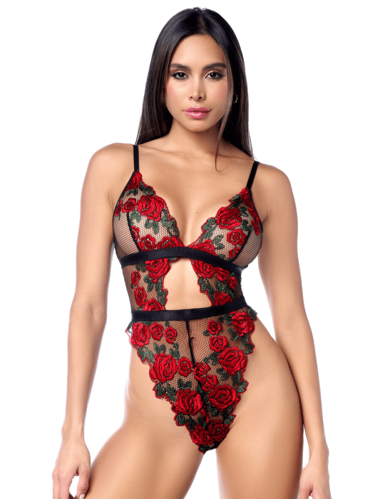 Teddy taille haute en résille noire brodée de roses avec ceinture - MAL8961BKRD Teddy taille haute en résille noire brodée de roses avec ceinture - MAL8961BKRD
