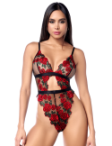 Teddy taille haute en résille noire brodée de roses avec ceinture - MAL8961BKRD