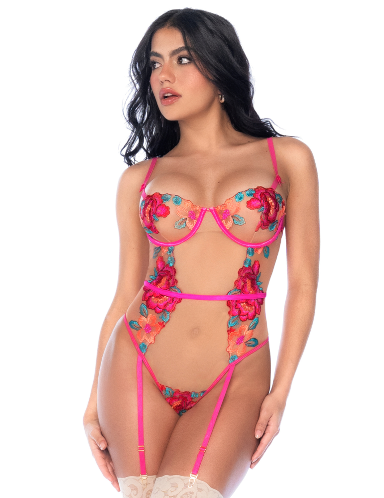 Body en Tulle Brodé Fleuri - MAL8928GAR Body en Tulle Brodé Fleuri - MAL8928GAR