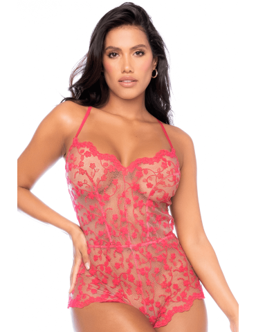 Combishort en dentelle transparente couleur cerise - MAL7543CHRY