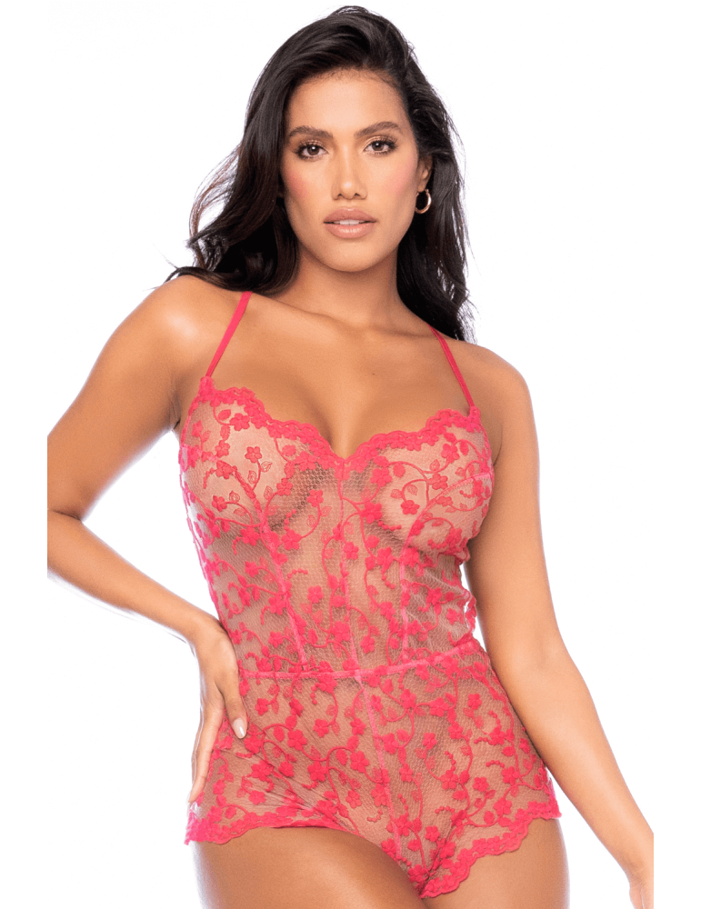 Combishort en dentelle transparente couleur cerise - MAL7543CHRY Combishort en dentelle transparente couleur cerise - MAL7543CHRY